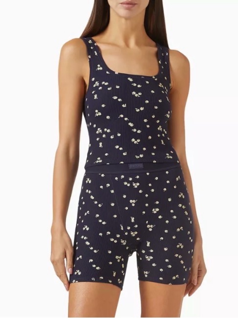 SKIMS NWOT Navy Daisy Print Cotton Ribbed Set